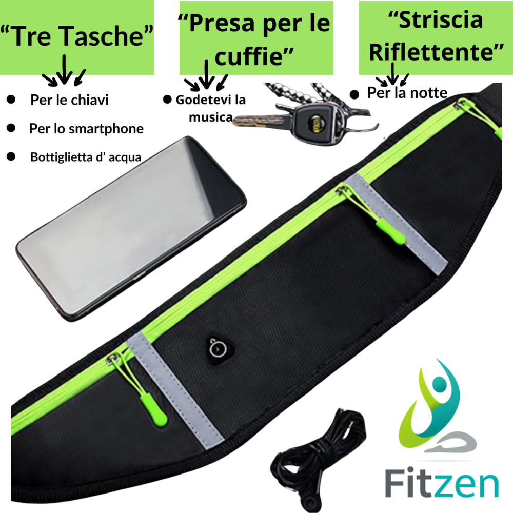 Marsupio Corsa Unisex con Porta Borraccia – Cintura Sportiva Regolabile con Tasche per Telefono, Chiavi e Bottiglia – Impermeabile e Riflettente